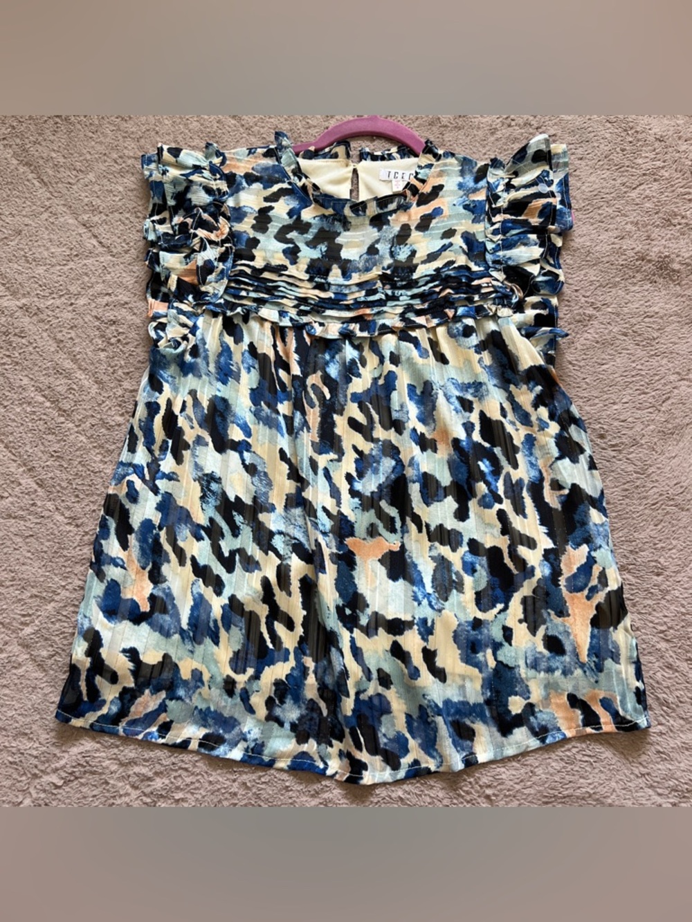 NWOT TCEC Abstract Ruffle Sleeve Blouse Preppy Cottage Peasant Coastal‎ Sz S